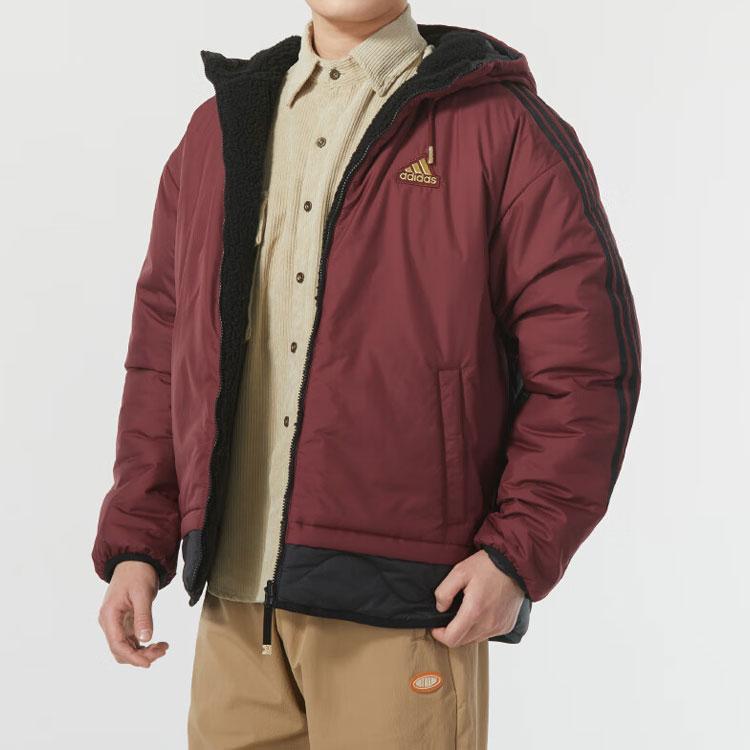 Adidas Двусторонняя куртка из искусственной овчины с логотипом и капюшоном в стиле пэчворк с принтом «Повседневная мужская куртка малинового цвета IW4037»
