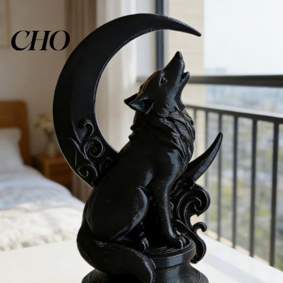 Wolf Roaring At Night Decoration 3D Printed Howling Sculpture with Crescent Moon Base, Matte Thick Durable Figurine Black Finish Collector Art, Gothic