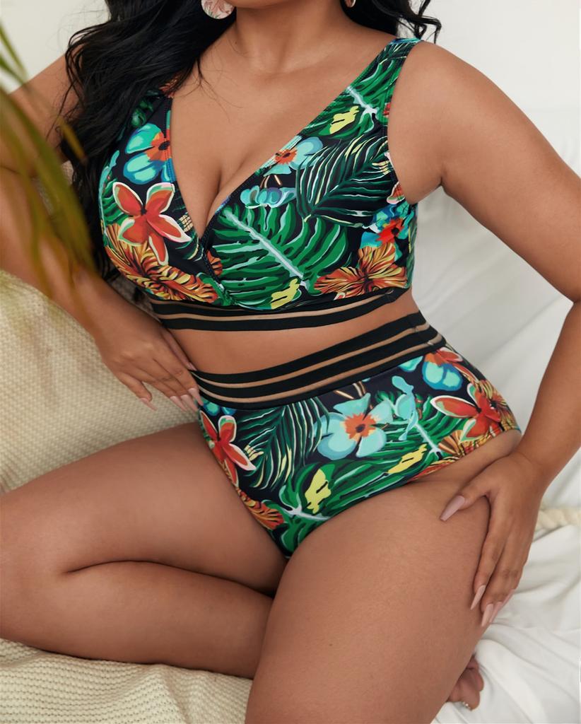 New 4XL Plus Size Swimsuits 2 Pieces Set Women High Waist Push Up Bikini Sets Flower Print Summer Large Bathing Suits