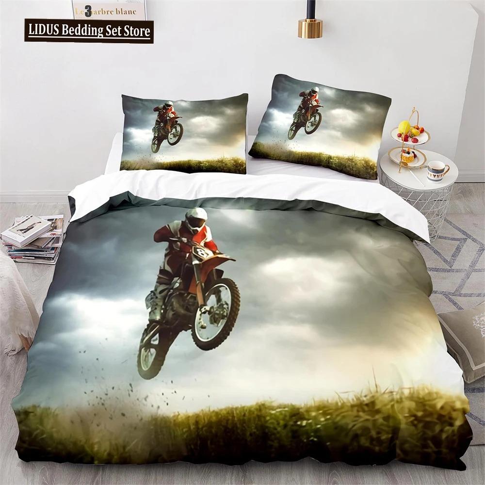 Dirt Bike Duvet Cover Set Motocross Rider Comforter Cover Motorcycle Extreme Sport Game Polyester Bedding Set For Kid Boys Teens