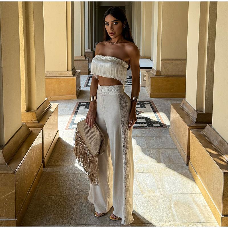Solid Color Tassel Tube Top Strap Two-piece Sexy Beach Seaside Vacation Ladies Suit 2025 High Waist Wide Leg Pants & Short Tube Top