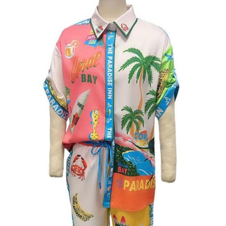 Набор для отпуска на Гавайях Женский топ с коротким рукавом и воротником Рубашка с ярким принтом Комплект из брюк 2 шт.