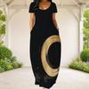 Women Plus Size Round Neck Short Sleeve Black Red White Printed Loose Maxi Dress With Side Pockets