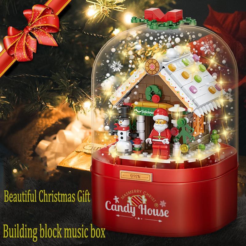 Christmas House Building Blocks Music Box with LED Lighting Compatible Building Blocks Small Particle Toys Children's Christmas Gifts