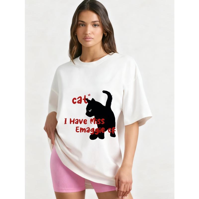 Футболка оверсайз с графическим принтом черного кота, дизайн с надписью I Have Miss Emaggie CF, повседневный уличный стиль, модный топ, женский летний наряд