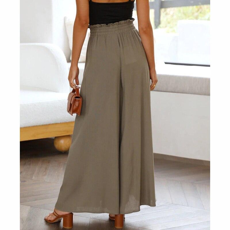 Casual Wide-leg Pants Women Loose Summer Fashion Elastic Waist Trousers Women Apricot High Waist Baggy Pants Ladies Elegant 25997