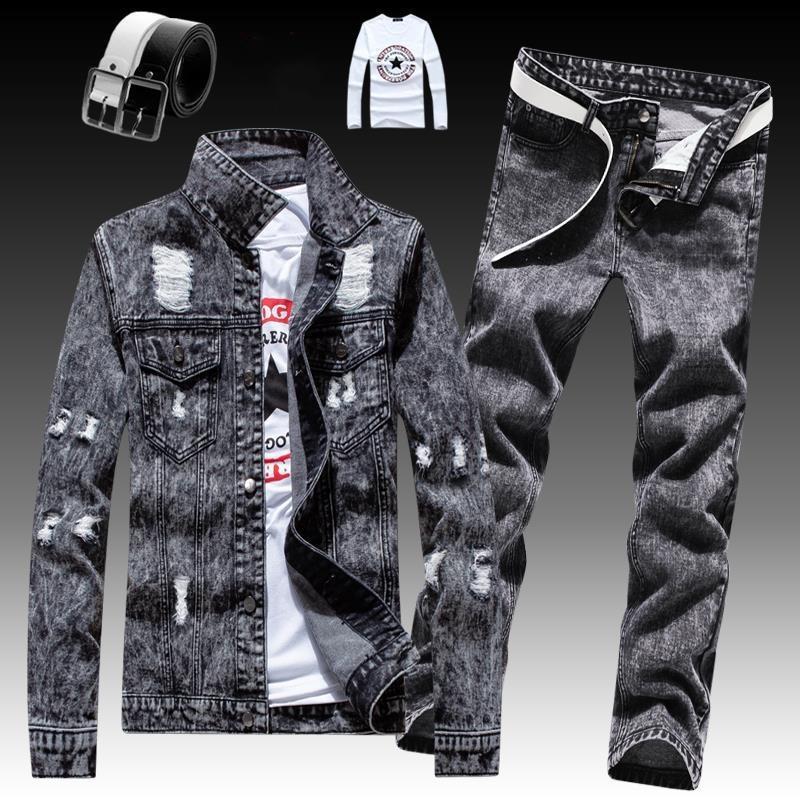Мужской джинсовый костюм слим фит из 2 предметов: куртка с длинным рукавом и брюки. Повседневный, с принтом букв, большого размера. Черный, белый, красный. Брюки для мальчиков.