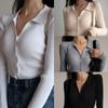 Women's Spring and Autumn Pullover POLO Collar Pullover Jumper Long-sleeved Short Lapel Hollow Button Knit Top Solid Colour Average Size