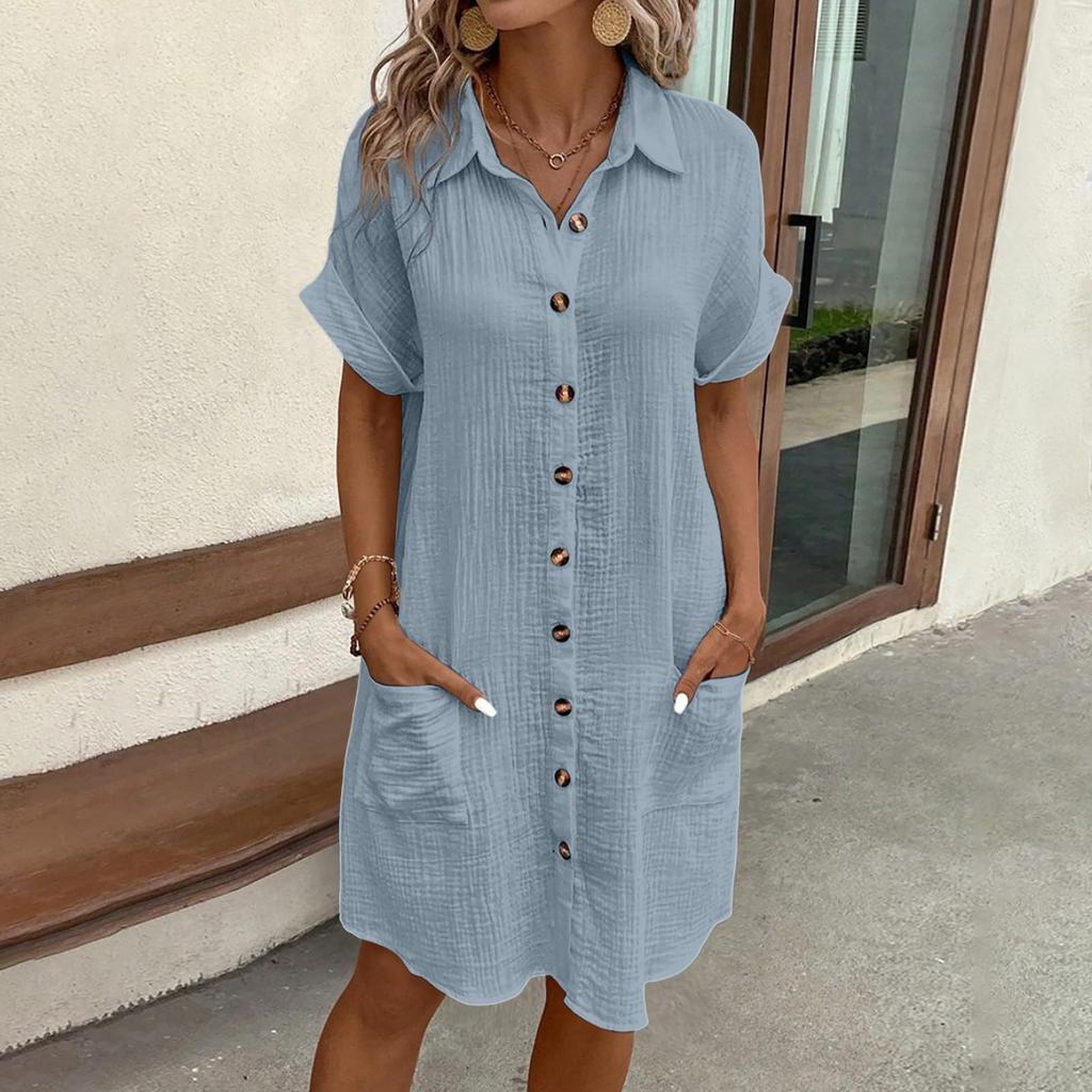 Women'S Fashion Summer Minimalist V-Neck Button Up Dress Woman Cotton Linen White Short Sleeved Pocket Casual Loose Shirt Dress