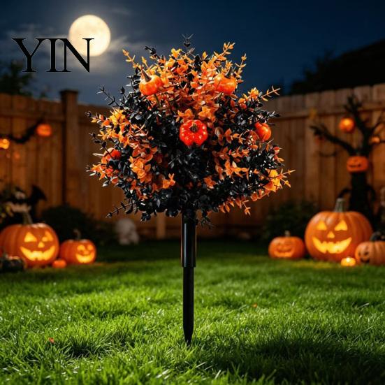 Reusable Fall Patio Accents Pumpkin Topiary Trees with Stakes, Artificial Autumn Eucalyptus Leaf Gourd Halloween Yard Decorations Decoration for Front