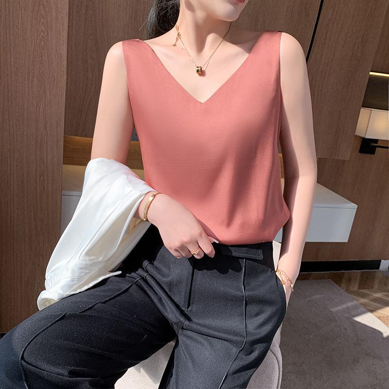 Женский летний простой атмосферный универсальный жилет с V-образным вырезом спереди и сзади на тонких бретелях, модный топ без рукавов