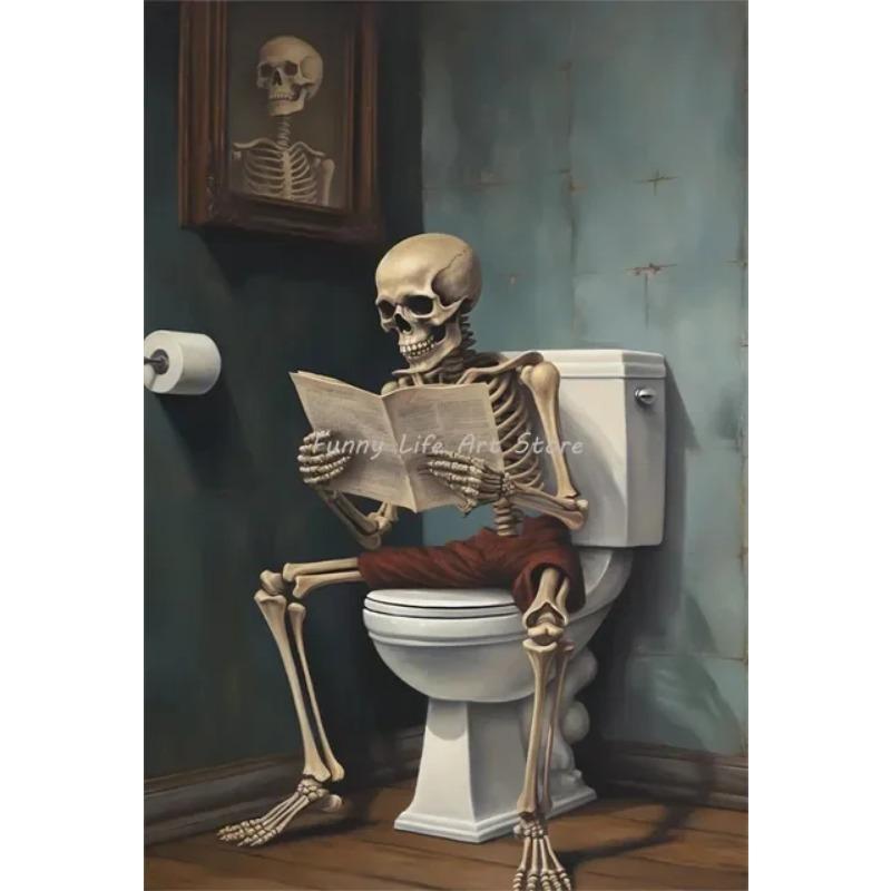 Gothic Ghost Skeleton Reading in Toilet Halloween Poster Canvas Painting Spooky Wall Decor for Living Room Bathroom and Home