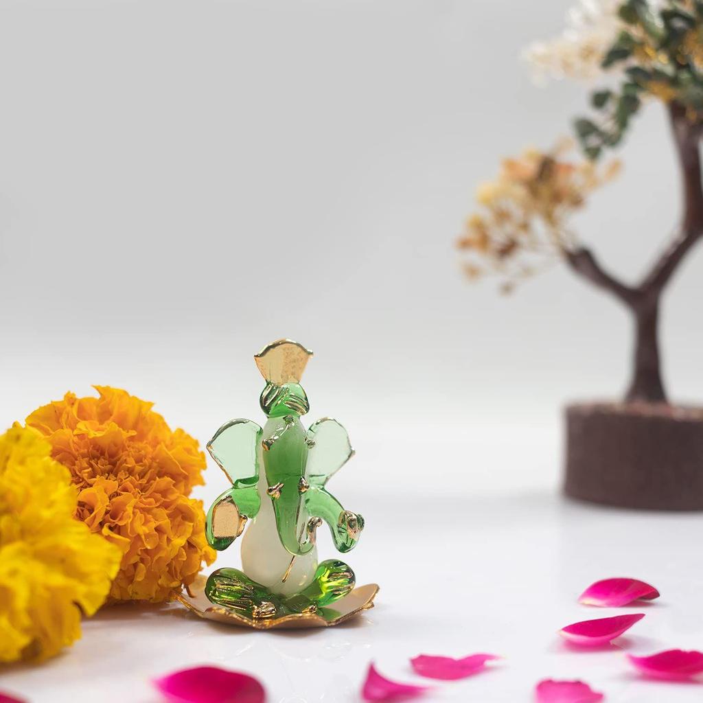 God Ganesh Sitting On Petal Statue (Murti) Idol Showpiece Handmade of Crystal Glass by for Worship, Decoration, Car Dashboard, Gift (Green), Small