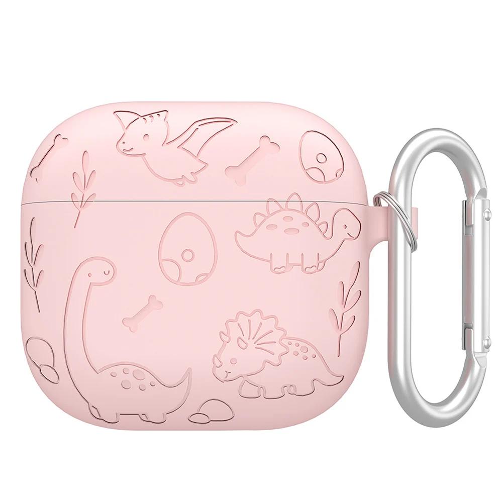 Silicone Case Protector with Carabiner Engraved Flower Dinosaur Case Soft Silicone Skin Protective Case for AirPods 4 Gen (2025)