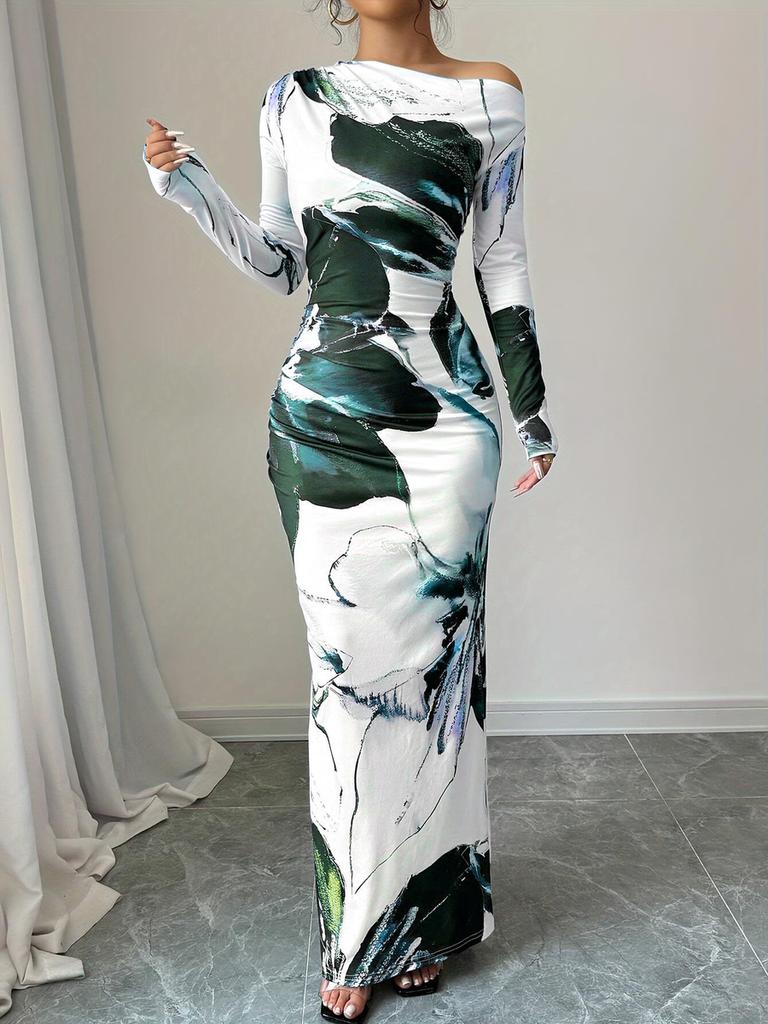 Осень Новое Платье Макси с Принтом Элегантное Приталенное Платье с Длинным Рукавом Женское Готовое