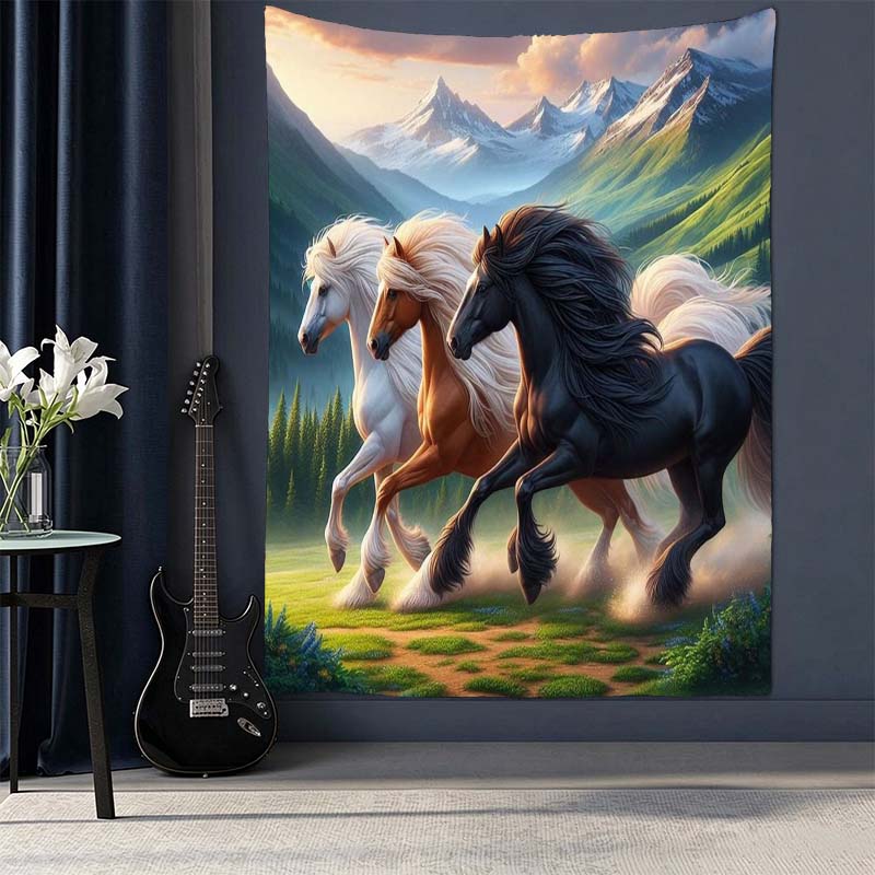 Black and White Horses Tapestry, Sunset Grassland Wild Horse Wall Hanging Art for Room Decor