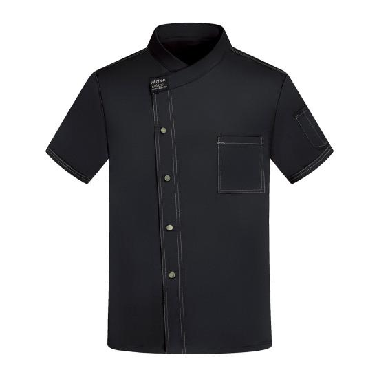 Unisex Stand Collar Short Sleeve Chef Uniform Solid Color Single Breasted Patch Pocket Restaurant Bakery Waiter Uniform