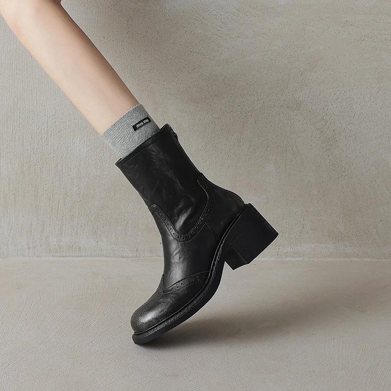 Fashion 2024 Winter Genuine Leather Women Boots Autumn Women Shoes Brogues Vintage Block Chelsea Boots Retro Ankl Boots