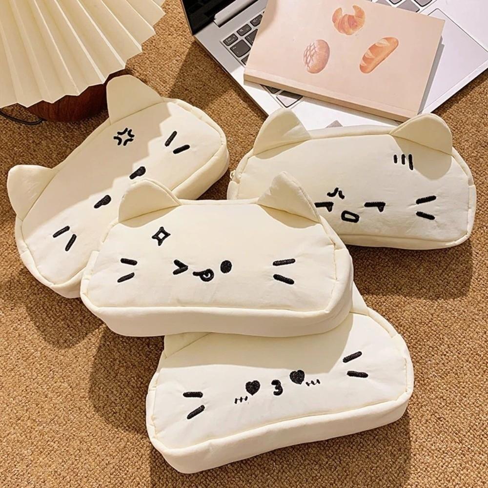 Funny Stationery Storage Bag Cartoon Kitty Stationer Bag Embroidered Cat Pencil Case Student Use