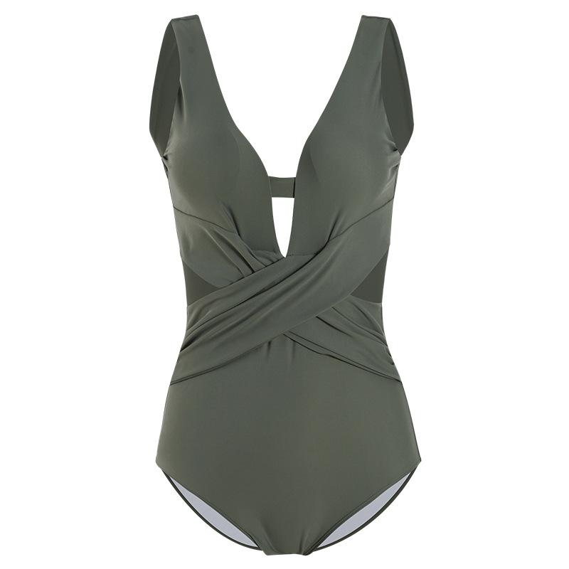 Belly skinny black sexy one-piece swimsuit female V-neck gathering beautiful back Ins Internet celebrity beach vacation swimsuit hot spring