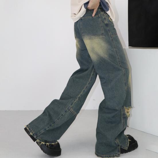 Мужские повседневные джинсы в стиле ретро со средней посадкой и карманами, широкие длинные джинсовые брюки в стиле хип-хоп, рваные джинсы, потертые джинсы