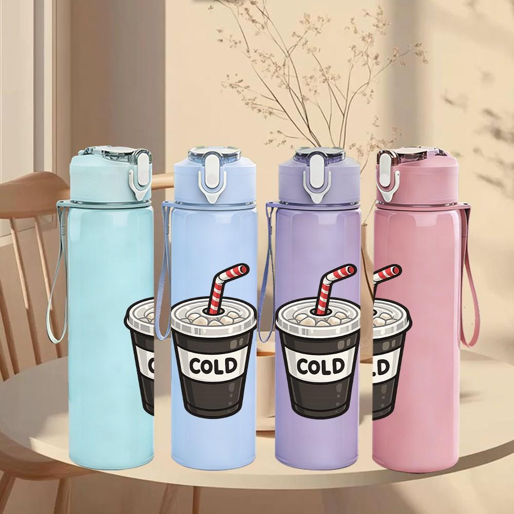 1PC Cold Drink Beverage Cup Art Print 750ml Color Plastic Sports Water Bottle Leakproof Flip Straw Lid Suitable for Sports Office Home Use