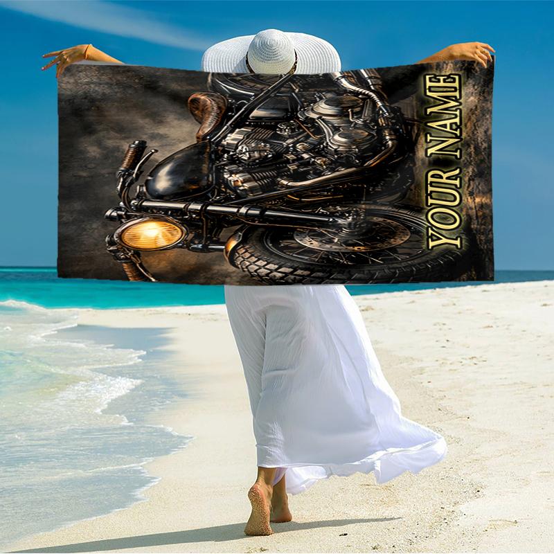 1PC Custom Name Vintage Motorcycle Art Beach Towel Highly Absorbent And Sand-Resistant Towel for Swimming, Pool, Yoga, And Travel Lightweight