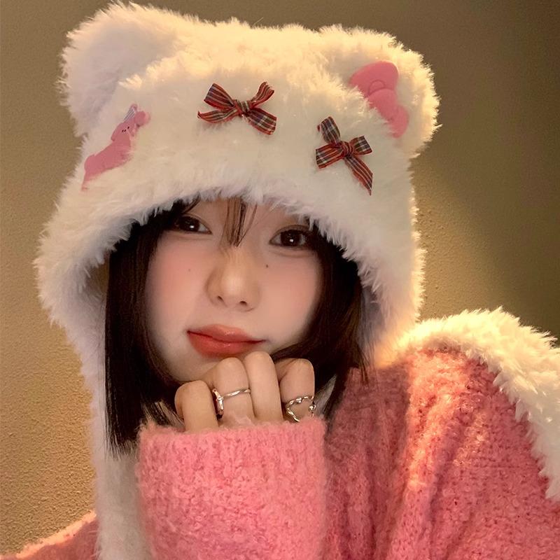Теплая плюшевая шапка с ушками медведя и кошачьим бантом для женщин – защита ушей на осень/зиму с открытым лицом