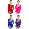 Kids Girls Color Block Dance Dress Glittery Rhinestone Sheer Mesh Long Sleeve Keyhole Back Figure Skating Dresses