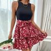 Women Dress Sleeveless Flower Printing Round Neck Slim Fit A-line Dating Loose Hem High Waist Women Mini Dress
