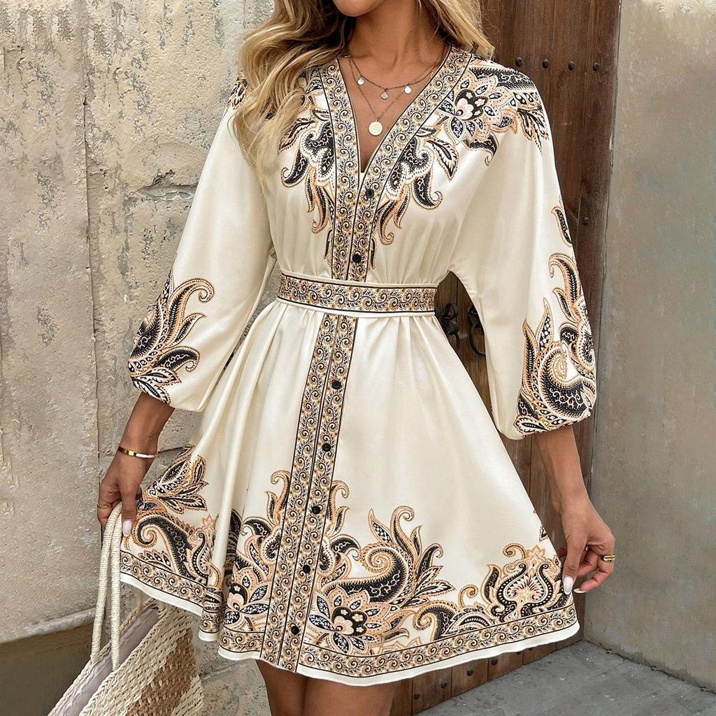 Women's Fashion Printed V-Neck Seven Sleeve Tie Waist Dresses