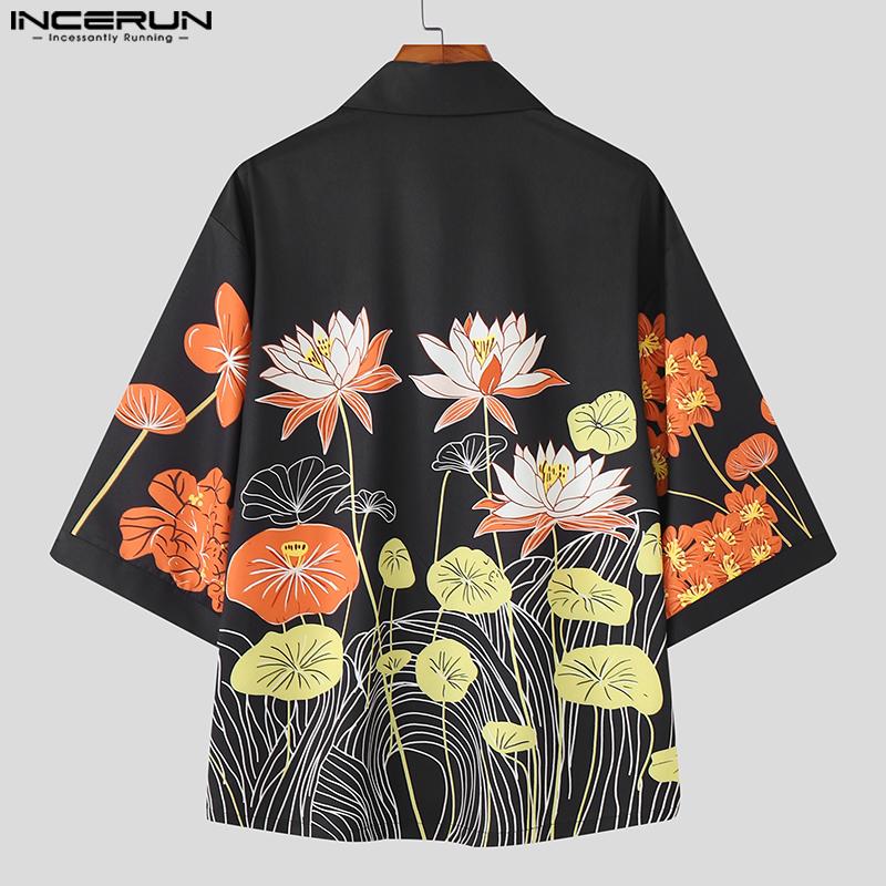INCERUN Мужские повседневные рубашки оверсайз свободного кроя с лацканами и коротким рукавом с цветочным принтом