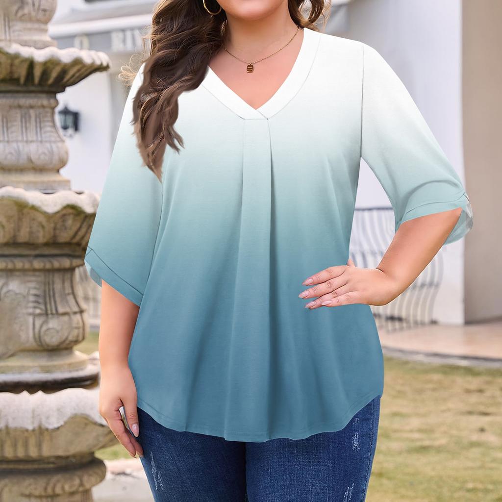 Women's Fashion Large Size Printed V-Neck Three-quarter Sleeve Top