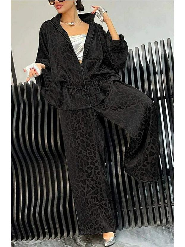 Женский повседневный комплект с леопардовым принтом, отложным воротником и кулиской на талии