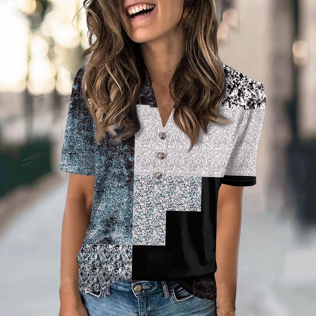 Женская модная повседневная футболка с цветными блоками и принтом в виде V-образного выреза с коротким рукавом и пуговицами