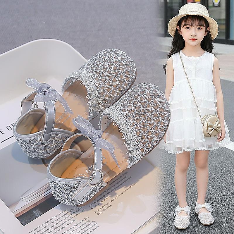 Spring Summer Girls Pearl Bow Breathable Woven Hollow Leather Sandals Shoes
