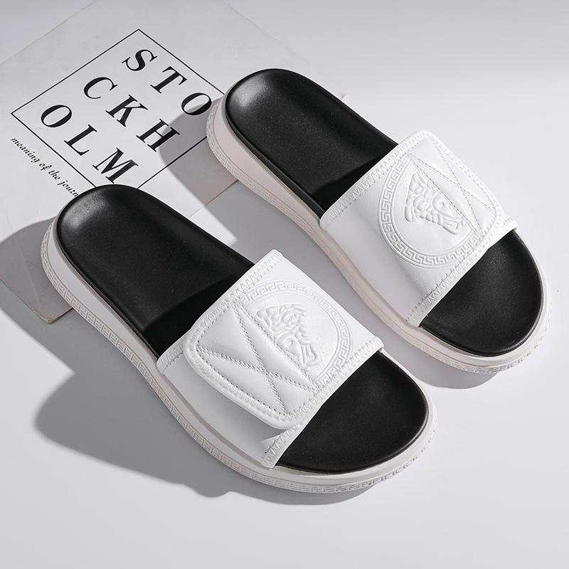 Slippers Men's summer wear Internet celebrity slippers Super fire tide brand one-word slippers Outdoor non-slip wear-resistant leather cool slippers