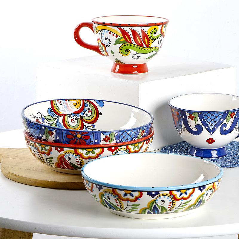 8-дюймовые керамические миски для пасты в стиле бохо, фарфоровые миски для лапши и супа, скандинавская салатница, цветочный многоцветный