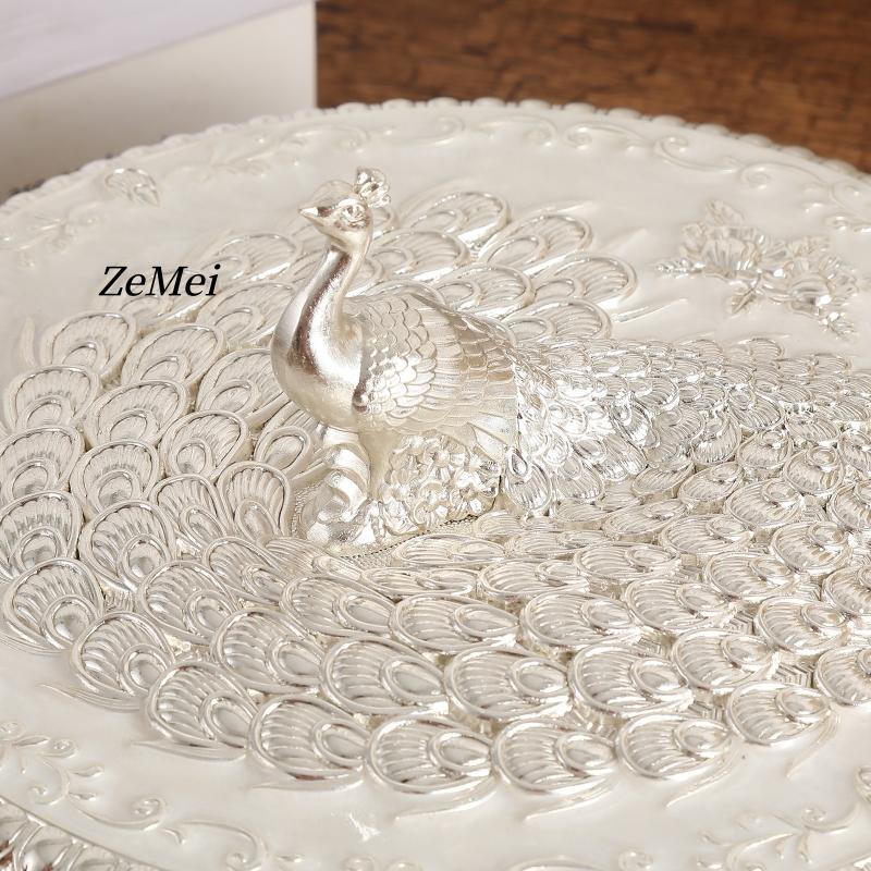 European-Style Alloy Jewelry Peacock Silver Storage Box,Earring Circle Organizer Jar Candy Container Dressing Table Decoration