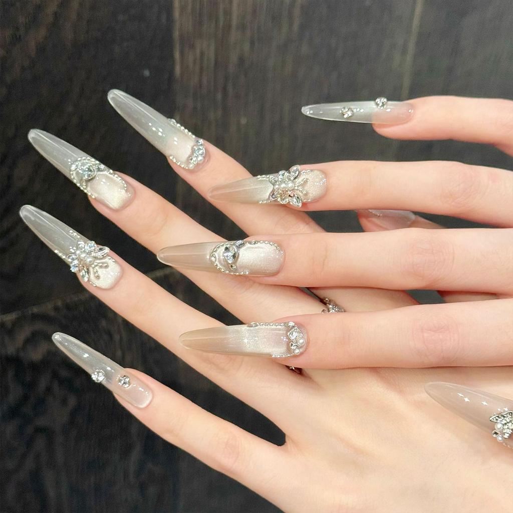 10PCS Cat Eyes False Nails with Rhinestone Sweet & Charming Reusable False Nails for Hot Girl Dress Matching