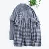 Women Dress V Neck Plaid Print Long Sleeve Single-breasted Double-layered A-line Loose Hem Pleated Shirring Cuff Spring Fall Midi Dress