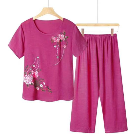 2 Pcs/Set Women T-shirt Pants Set Homewear Outfit Solid Color Floral Print Round Neck Short Sleeve Top Wide Leg Elastic Waist Loose Pants Pajamas