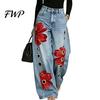 High Rise Trousers Women Waisted Wide Leg Jeans, Vintage Floral Print Faux Denim Jeans Trousers, Loose Fit Casual Pants with Pockets & Metal
