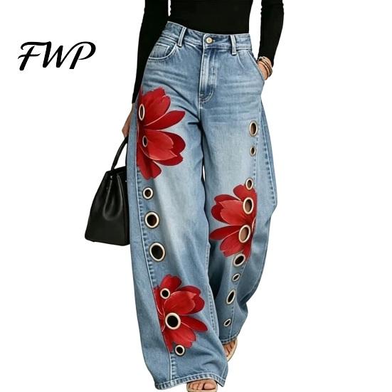 High Rise Trousers Women Waisted Wide Leg Jeans, Vintage Floral Print Faux Denim Jeans Trousers, Loose Fit Casual Pants with Pockets & Metal