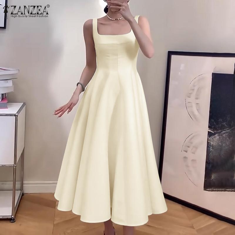 ZANZEA Women Elegant Square Neck Sleeveless Waisted A-Line Suspender Dress