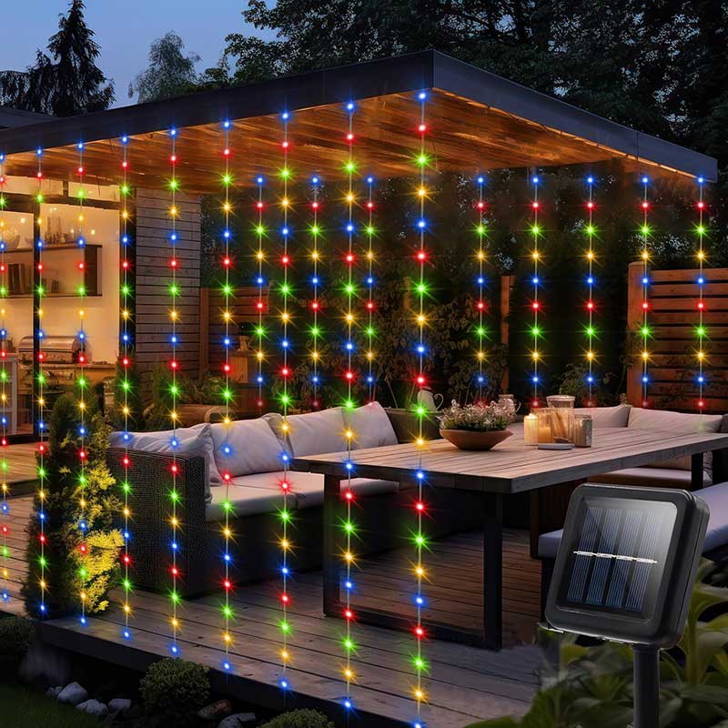 Solar Curtain String Lights Outdoor Fairy Lights Powered Twinkle String Lights 8 Modes for Home Garden Patio Christmas Decor