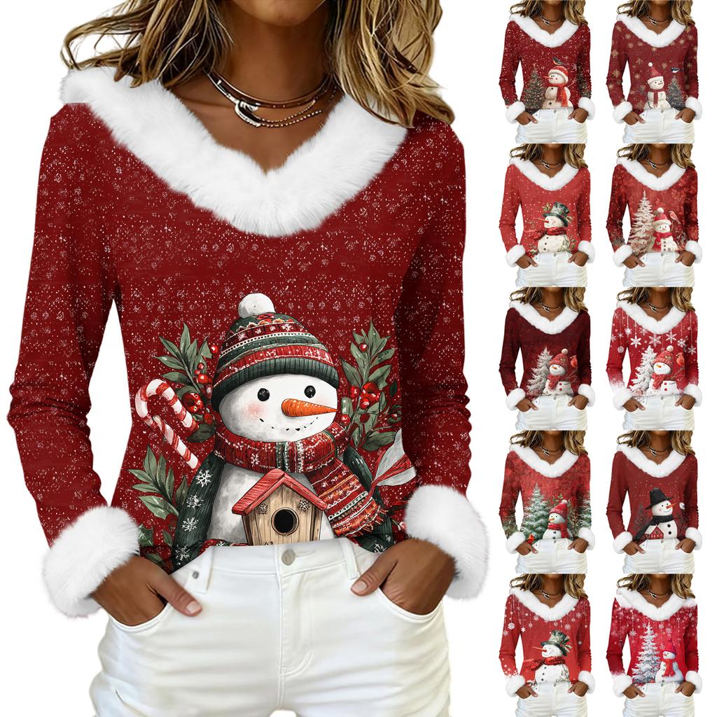 Рубашки с длинным рукавом для женщин Милые топы Рождественские принты Футболки Блузки Повседневные топы больших размеров Базовые топы Пуловеры