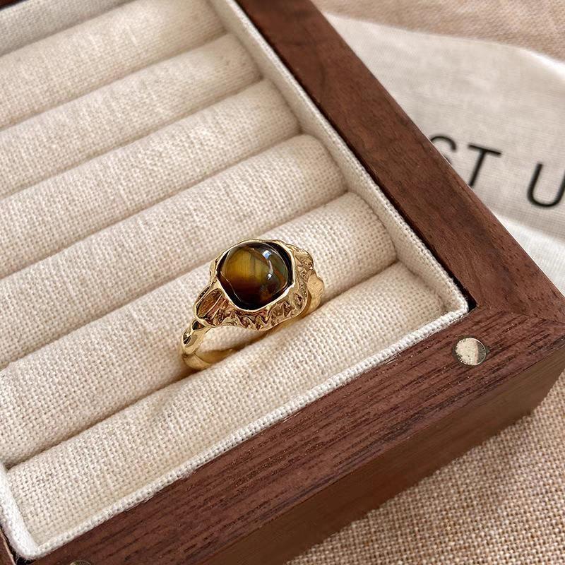 1PC Gold Sunflower Haute Couture Finger Ring Vintage Tiger'S Eye Ring Niche Design Light Luxury Jewellery New Multi Styles