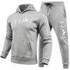 Trendy and Casual Printed Fleece-lined Men's Hooded Sweatshirt Set, Loose Fit Suitable for Autumn and Winter Home Wear.