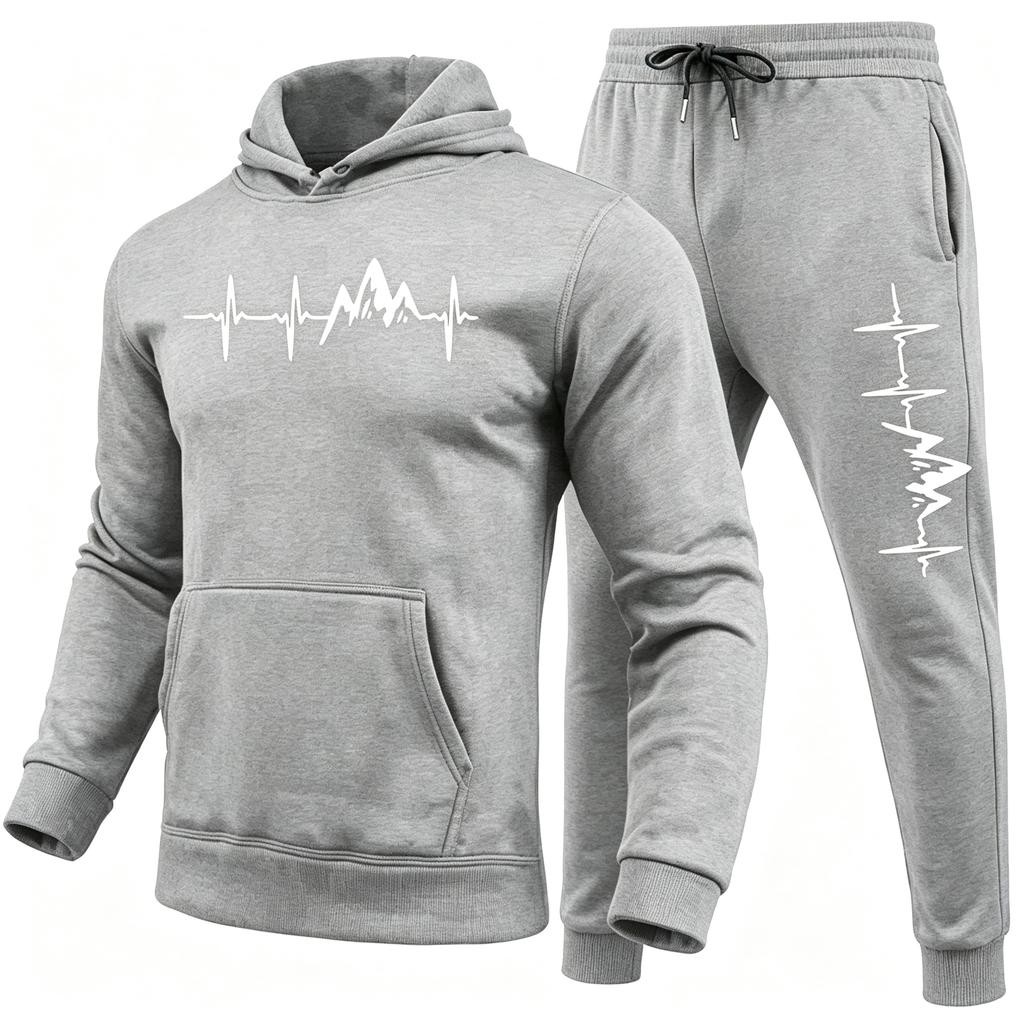 Trendy and Casual Printed Fleece-lined Men's Hooded Sweatshirt Set, Loose Fit Suitable for Autumn and Winter Home Wear.